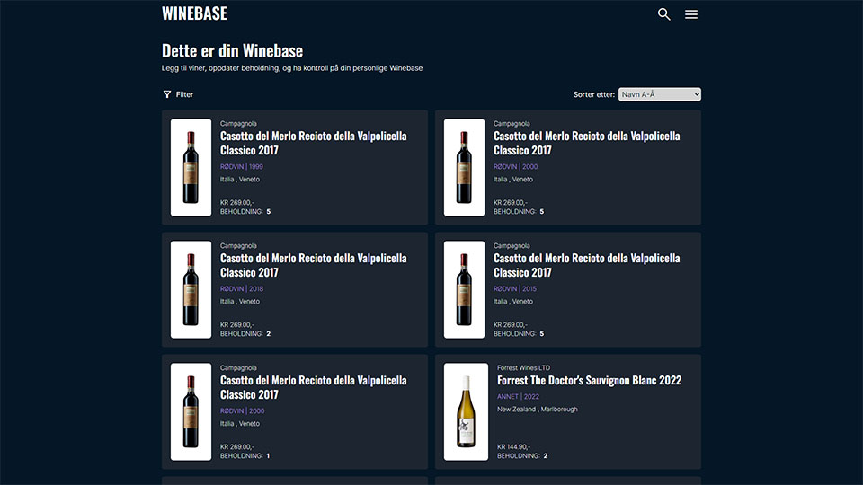 Screenshot of Winebase homepage